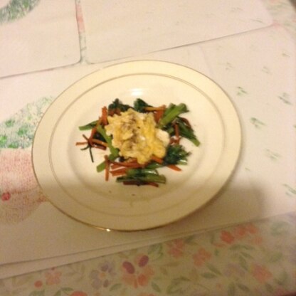 春菊キンピラ初めて作りました。簡単でしかも美味しかったです。残ってた卵を炒ってのせてみました。ありがとうございました。